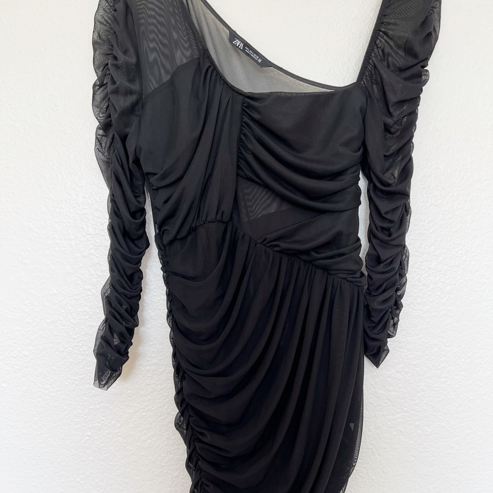 ZARA Draped Ruched Sheer Mini Dress in Black SZ L - Picture 10 of 11